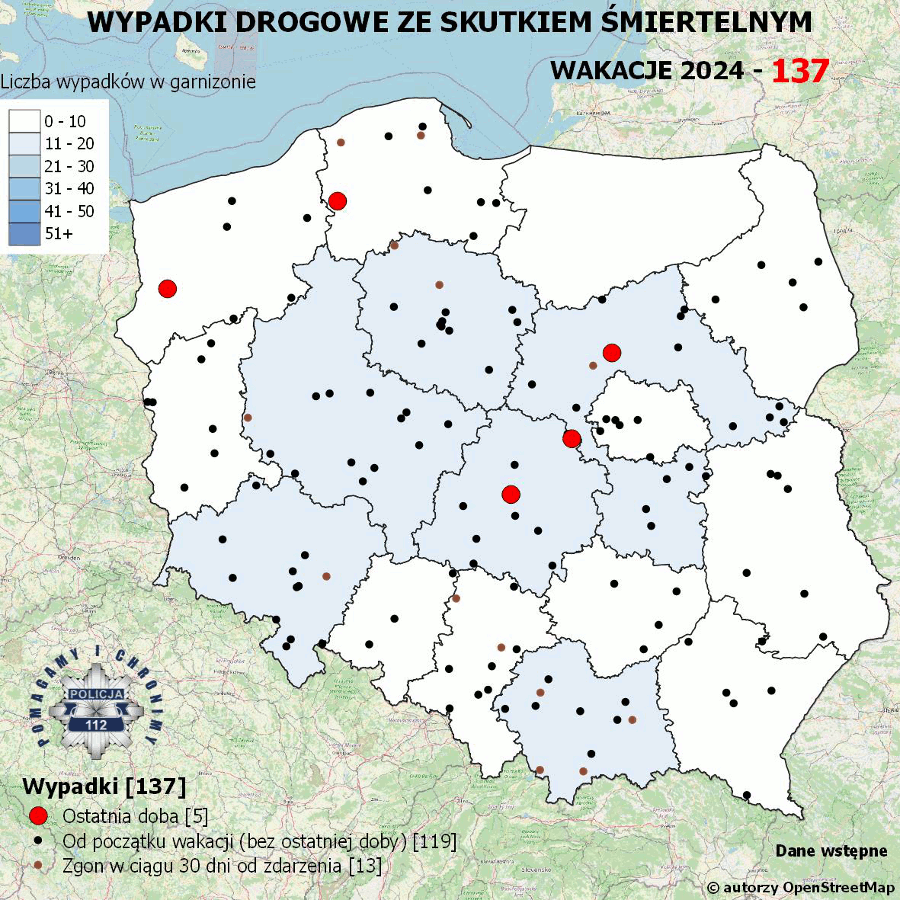 Mapa prezentująca liczbę wypadków poprzedniej doby w Polsce. Prezentowane dane są dostępne w tekście poniżej.