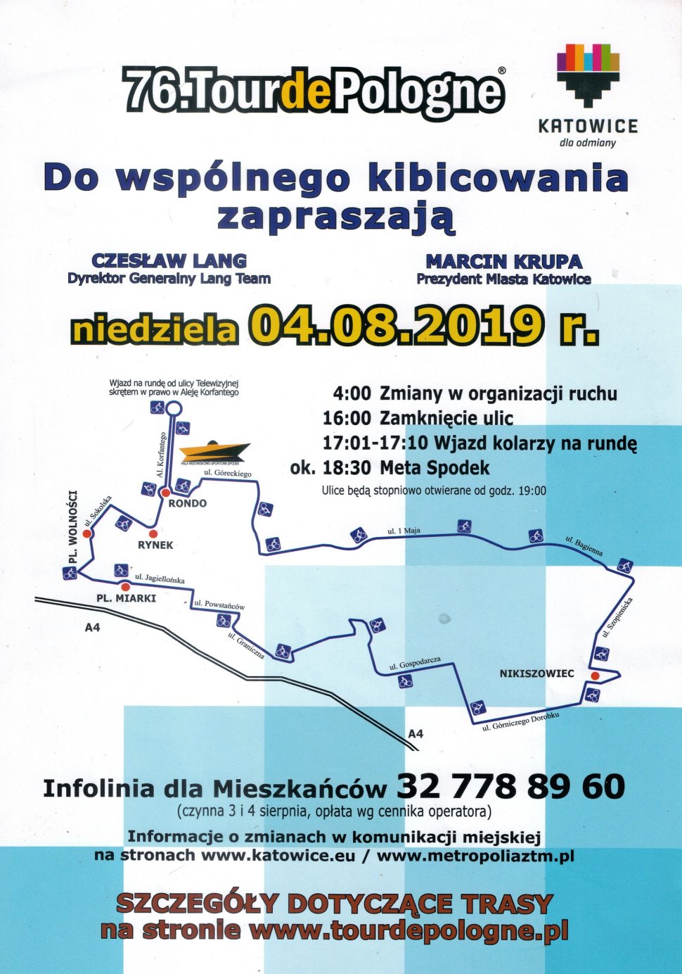 Plakat 76 Tour de Pologne etap w Katowicach widać logo Katowic w górnym prawym rogu