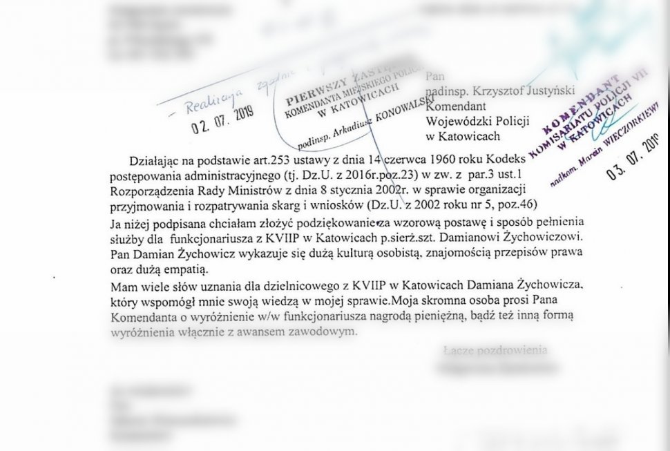 Na zdjęciu widać list jaki napisała mieszkanka Opola do komendanta wojewódzkiego by podziękować za pomoc dzielnicowego
