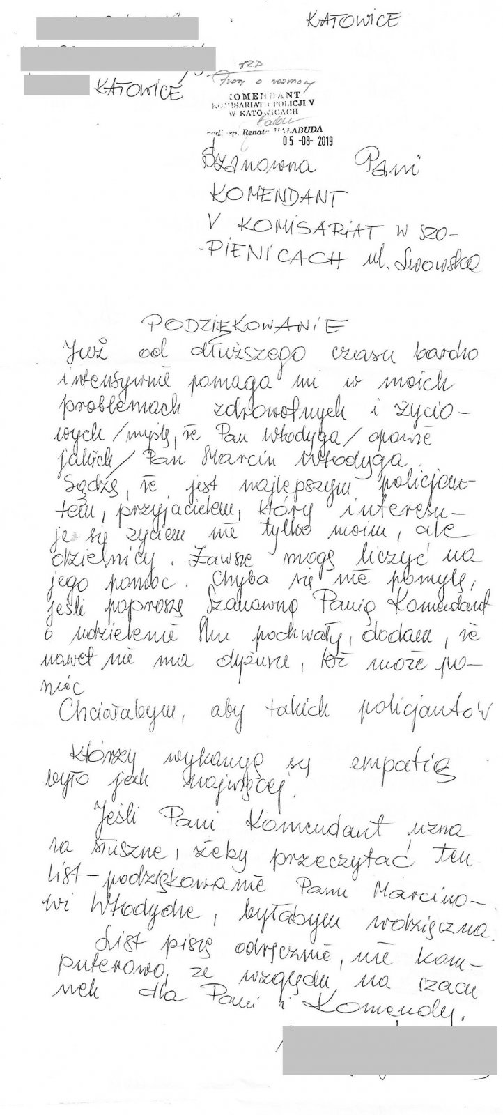 Na zdjęciu zamieszczone są podziękowania od jednej z mieszkanek Katowic dla dzielnicowego z komisariatu Policji nr 5 w Katowicach