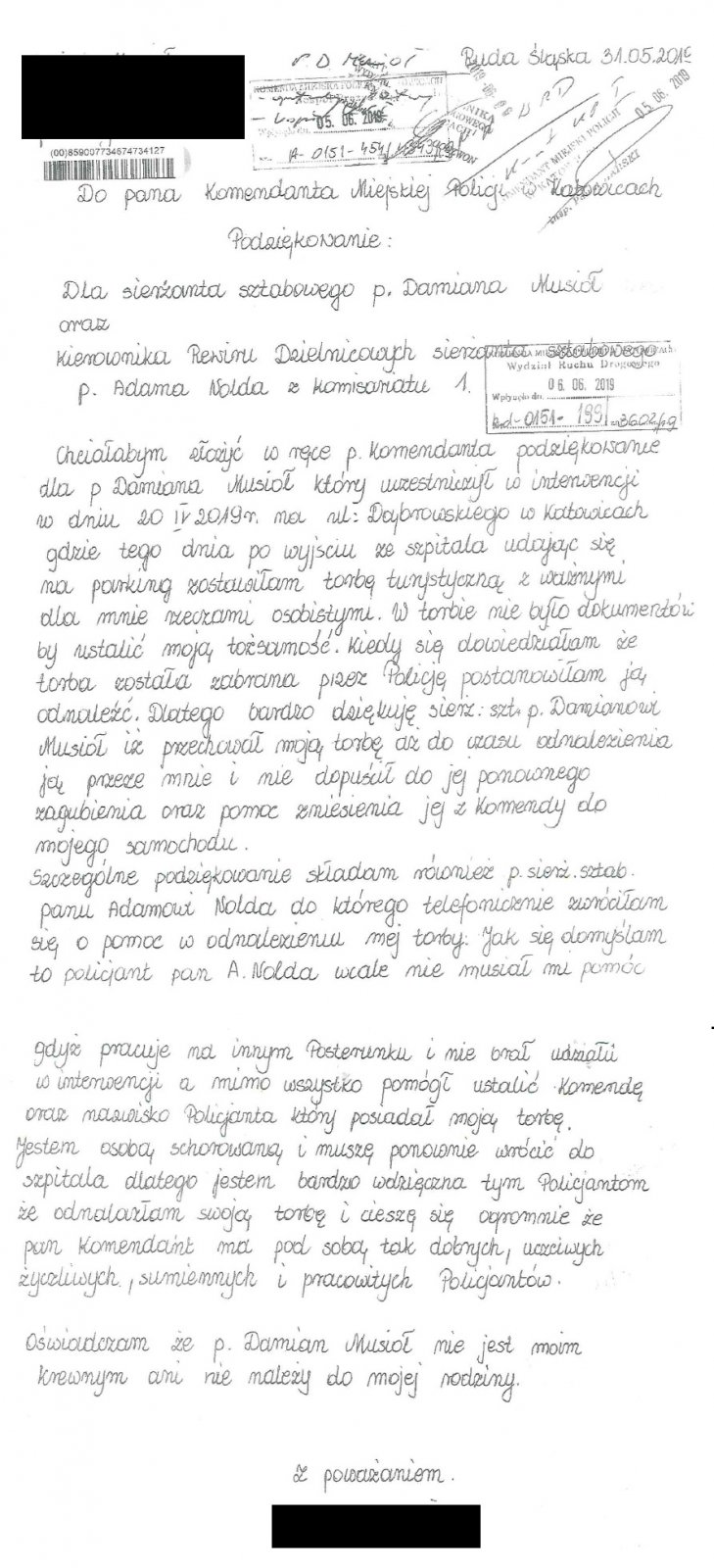 na zdjęciu widać list z podziękowaniami od mieszkanki Rudy Śląskiej skierowany do Komendanta Miejskiego Policji w Katowicach