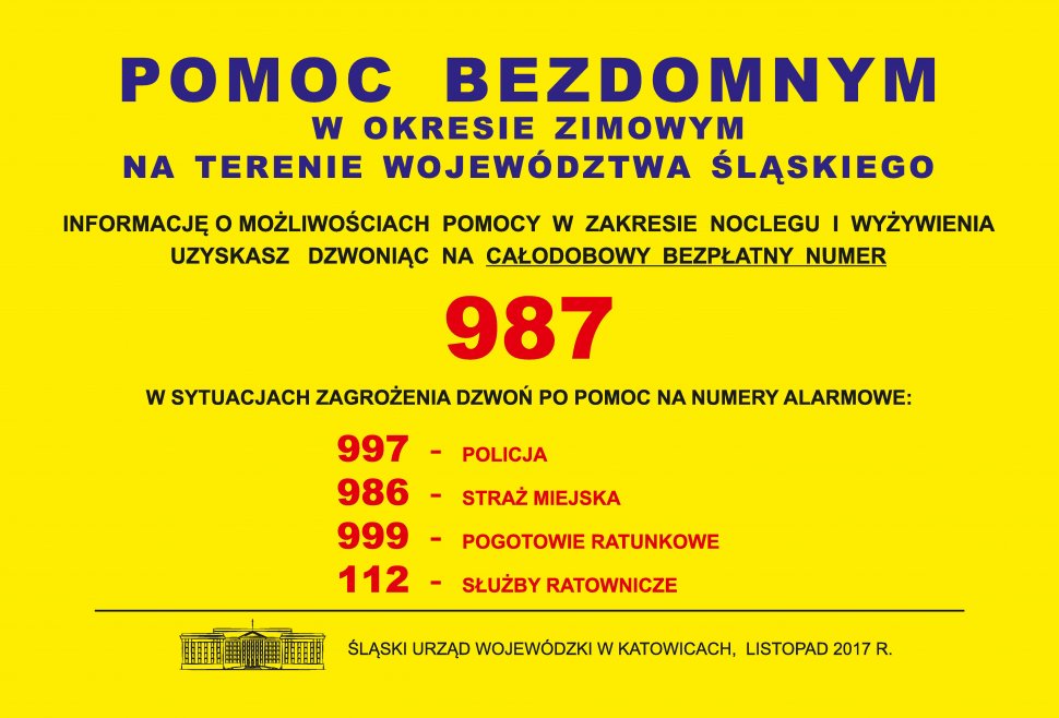 zdjęcie kolorowe: na żółtym tle informacja dotycząca numerów alarmowych, pod które należy dzwonić w sprawie osób zagrożonych wychłodzeniem organizmu