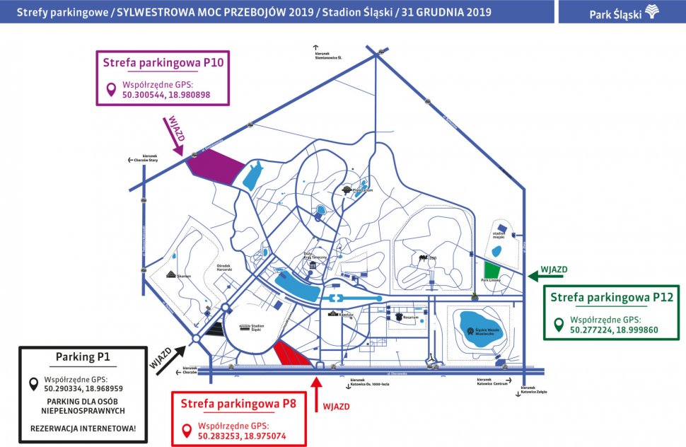 zdjęcie kolorowe: mapa z zaznaczonymi parkingami dla uczestników imprezy sylwestrowej na chorzowskim stadionie