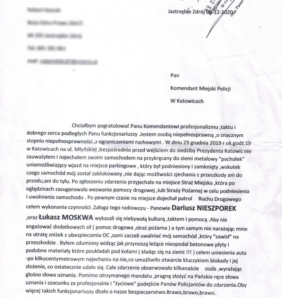 Na zdjęciu widać list od mieszkańca Jastrzębia-Zdroju z podziękowaniami dla policjantów 