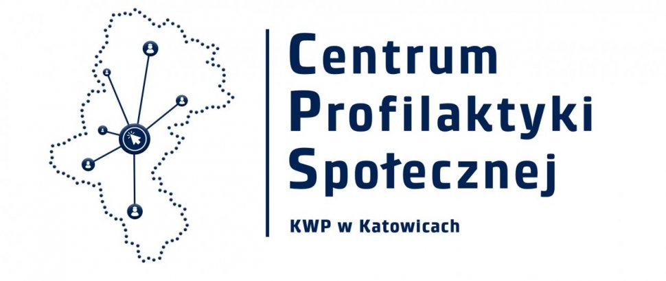 zdjęcie kolorowe: grafika na białym tle niebieski napis " Centrum Profilaktyki społecznej KWP Katowice"