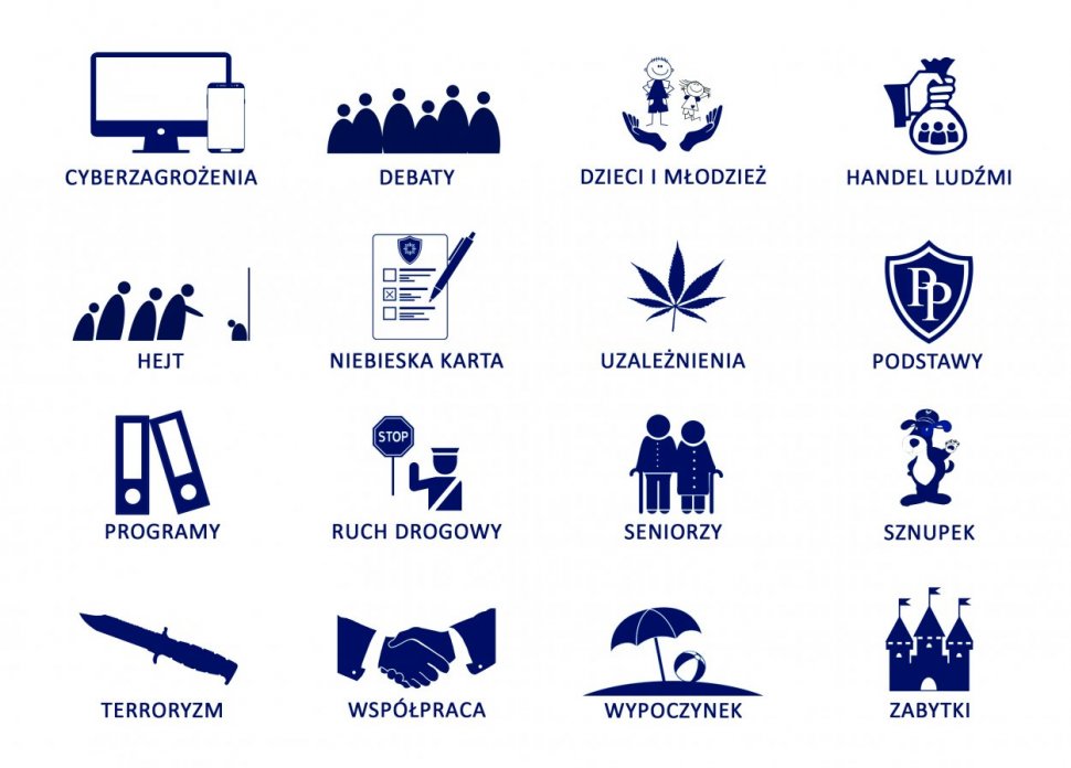 zdjęcie kolorowe: na białym tle niebieska grafika przedstawiające ikony z zakresu profilaktyki i prewencji kryminalnej
