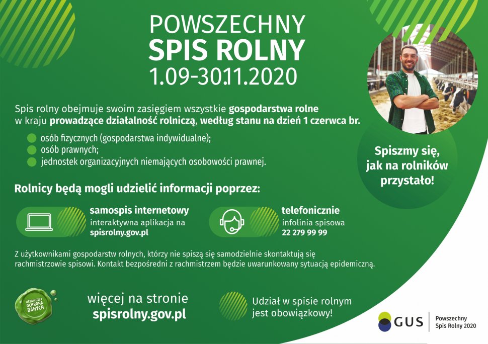zdjęcie kolorowe: na zielonym tle napis koloru białego Powszechny spis rolny 01.09.2020-30.09.2020 i informacją na ten temat