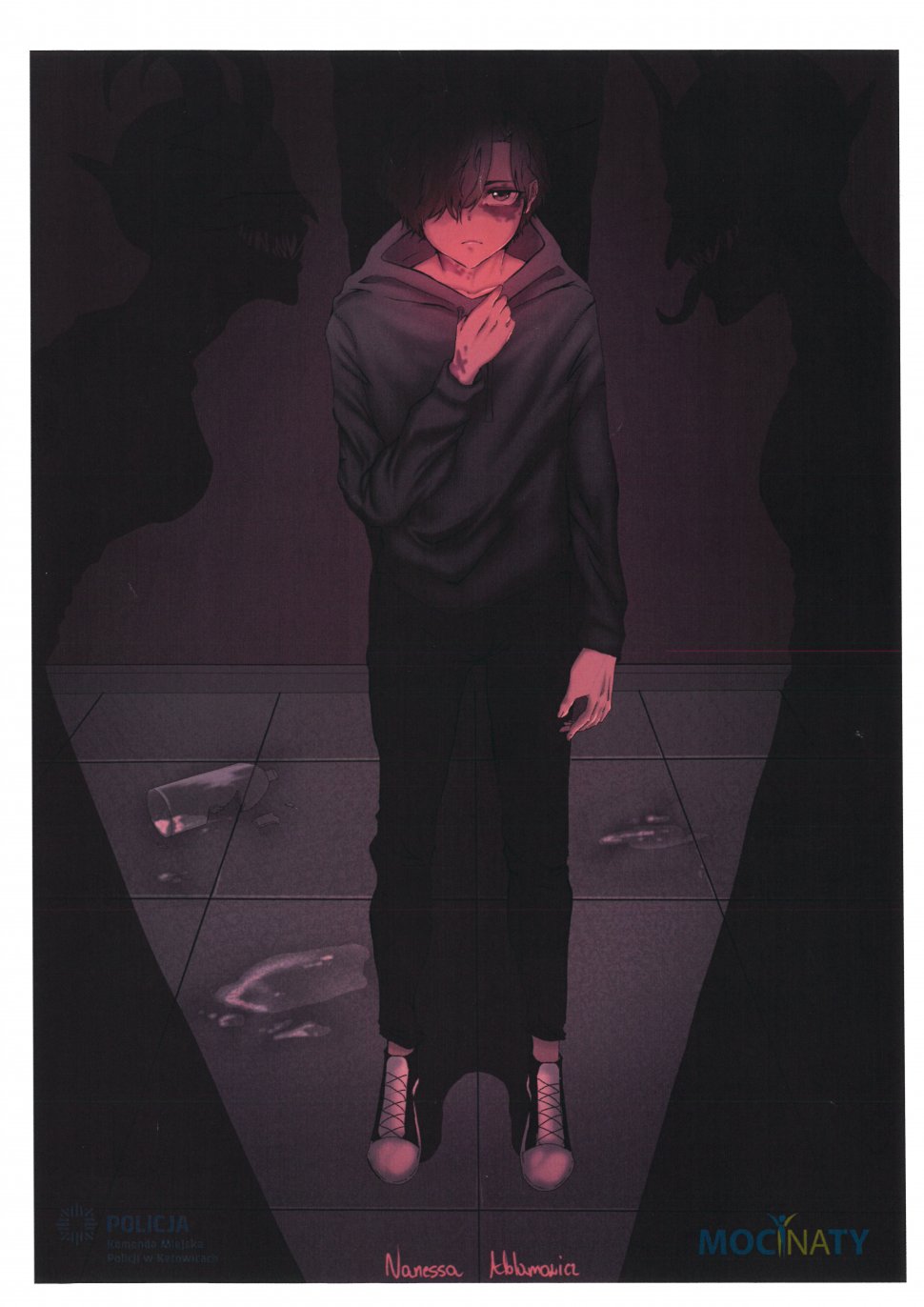 zdjęcie kolorowe: plakat graficzny młoda dziewczyna stojąca w ciemnym zaułku z wystraszonymi oczami a wokół niej cienie postaci z wystającymi językami
