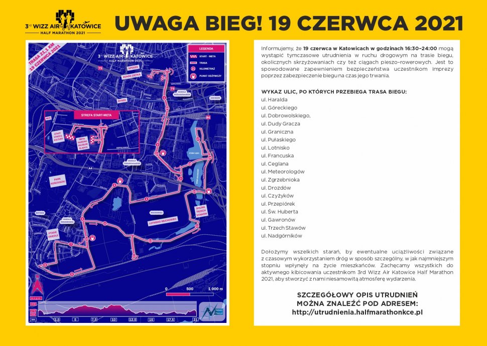 zdjęcie kolorowe: mapa Katowic z zaznaczona trasa biegu półmaratońskiego z opisem utrudnień w ruchu drogowym