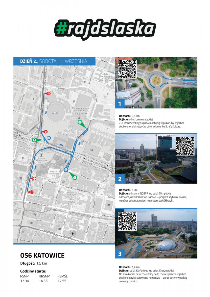 zdjęcie kolorowe: mapa centrum Katowic z zaznaczoną trasą 6 odcinka specjalnego, i zdjęciami dotyczącymi poszczególnych punktów