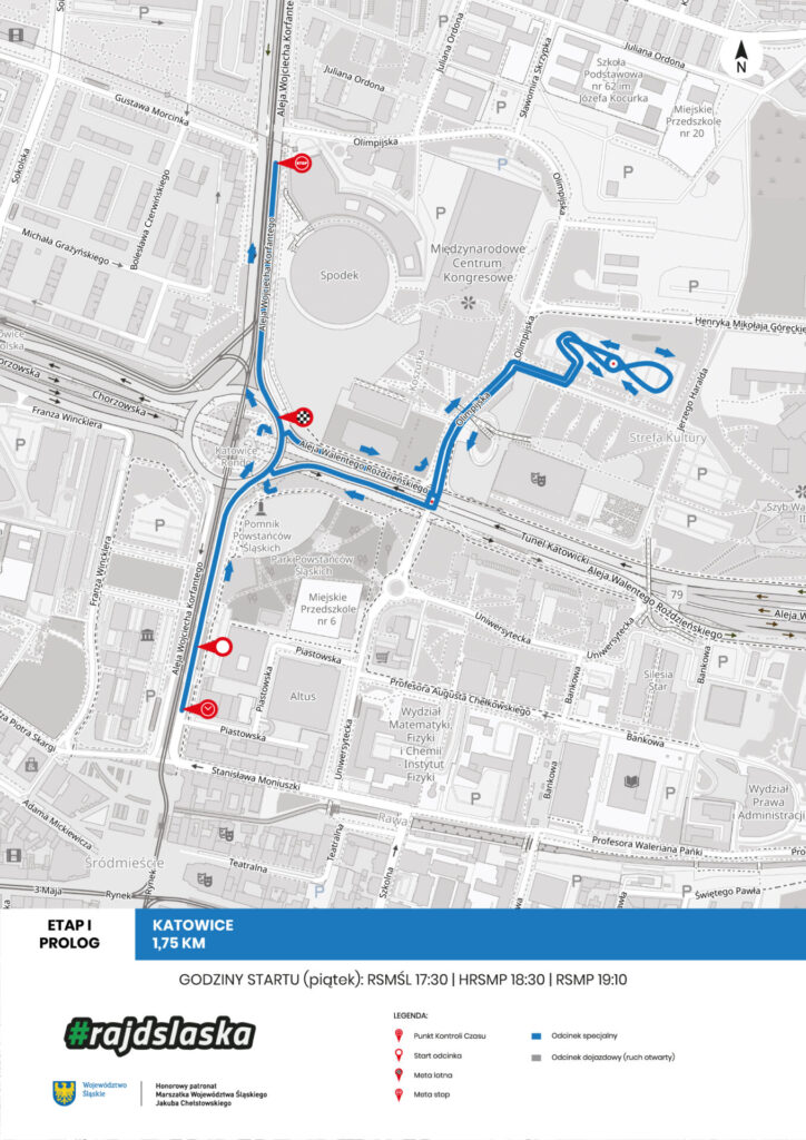 zdjęcie kolorowe: mapa centrum Katowic  z naniesiona trasa przejazdu rajdu