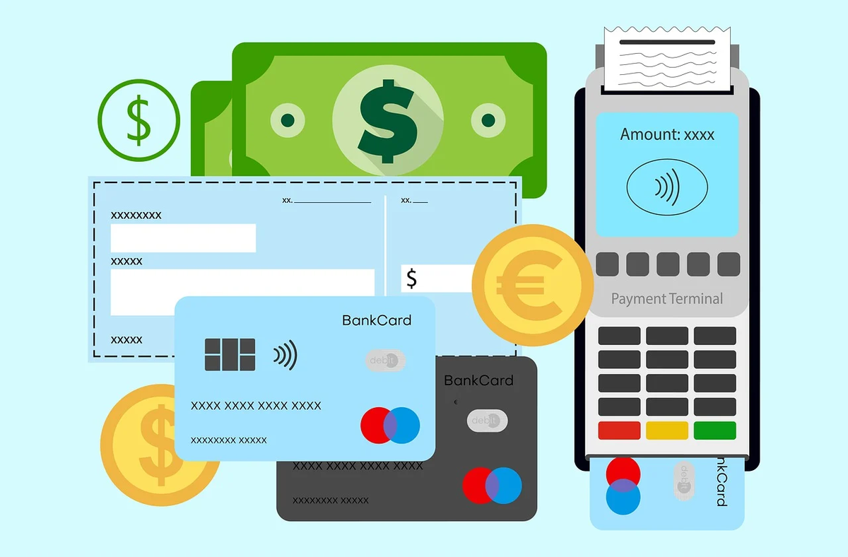 zdjęcie kolorowe: plakat / grafika przedstawiający karty płatnicze, terminal płatniczy, gotówkę