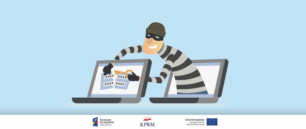 zdjęcie kolorowe: grafika przedstawiająca złodzieja kradnącego hasło do komputera