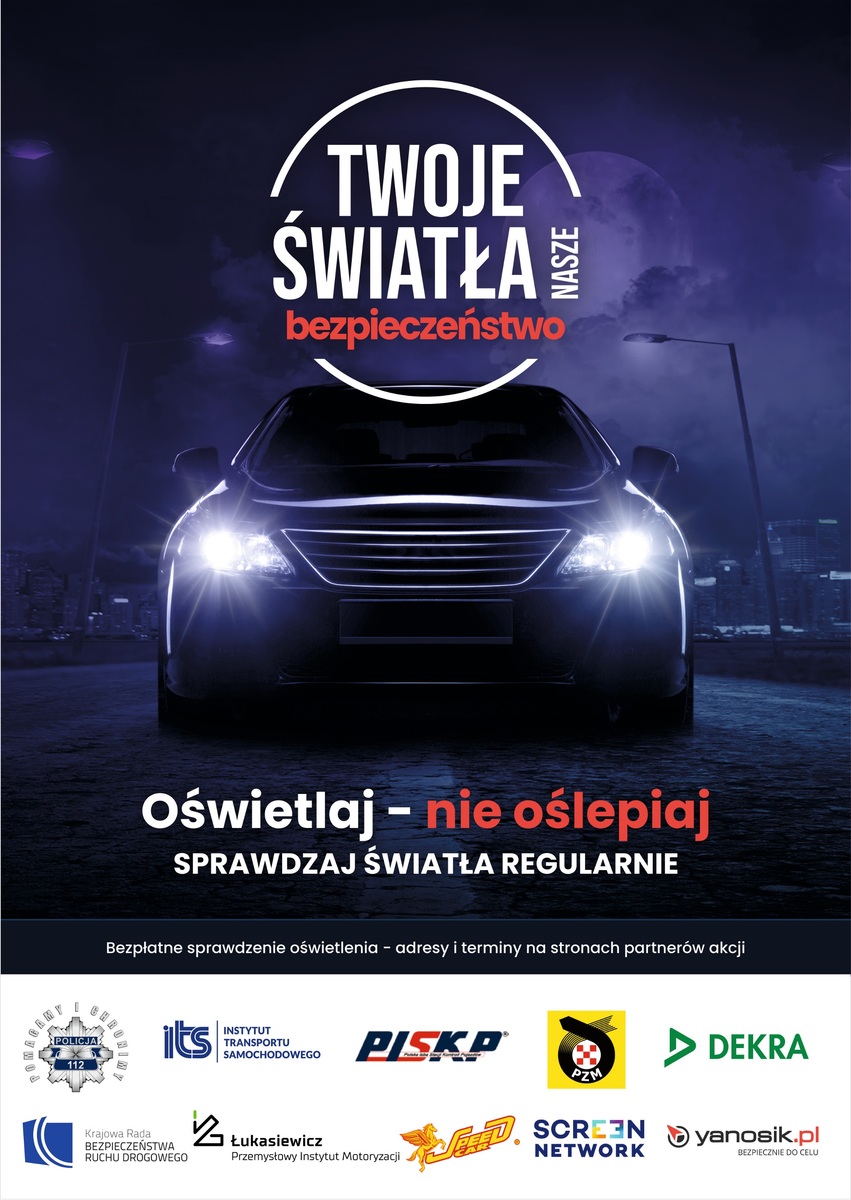 zdjęcie kolorowe: plakat zachęcający do udziału w bezpłatnym ustawieniu świateł w swoim samochodzie