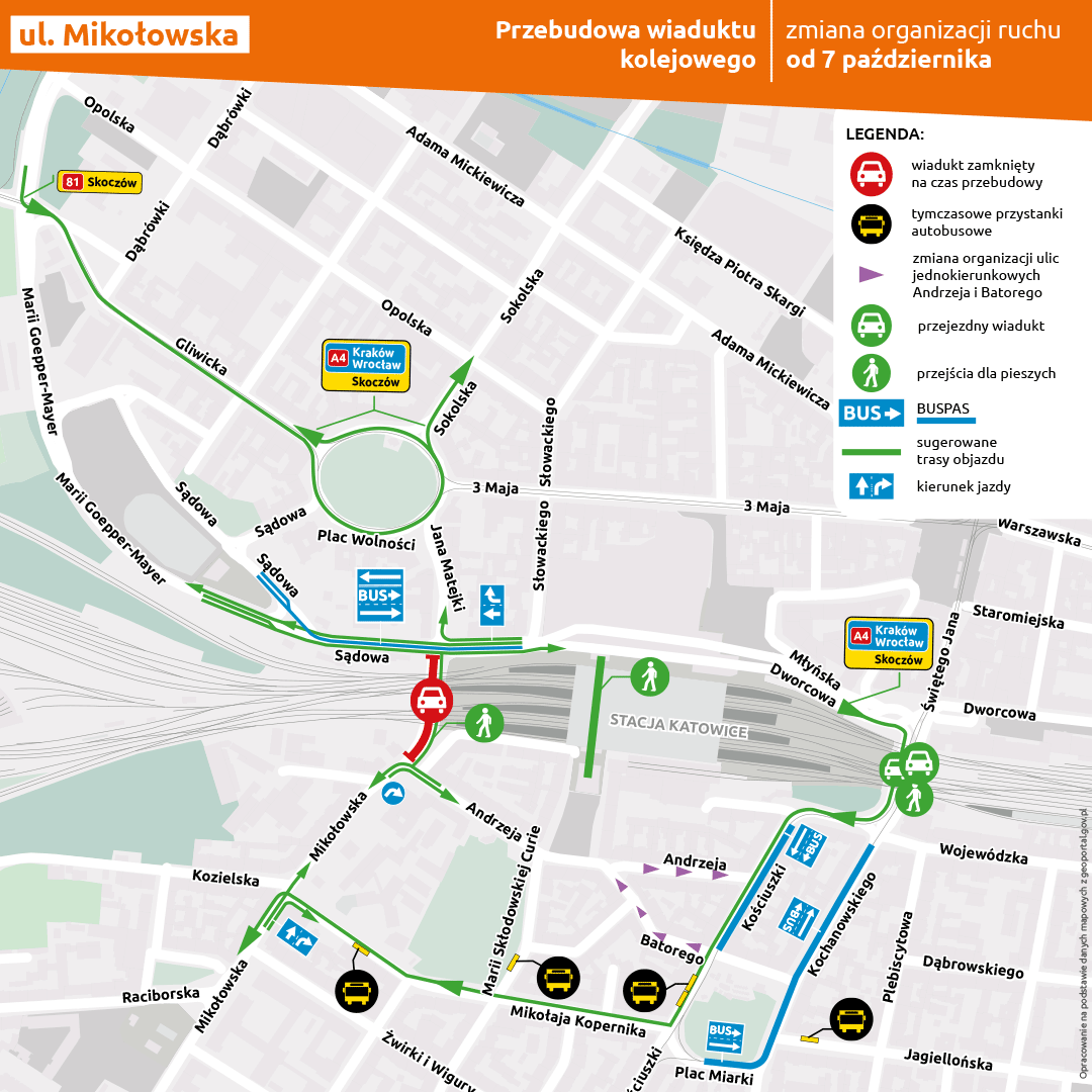 zdjęcie kolorowe: mapa Katowic z wyznaczonymi objazdami ze względu na zamknięcie ulicy Mikołowskiej