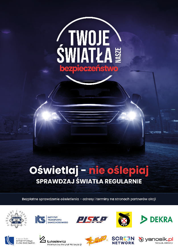 zdjęcie kolorowe: plakat z samochodem, zachęcający do udziału w kontroli oświetlenia pojazdu