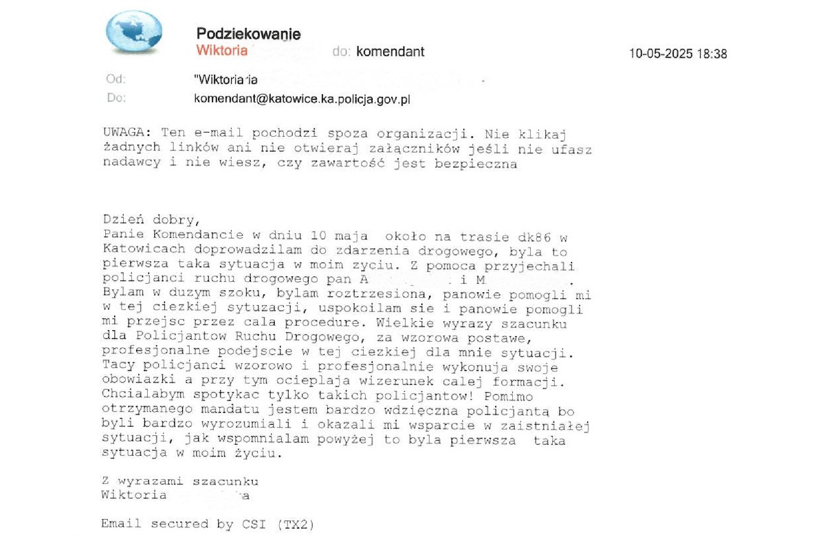 Na zdjęciu treść podziękowań