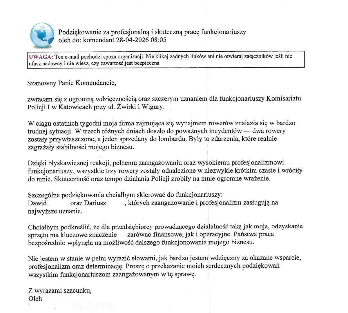 treść podziękowań