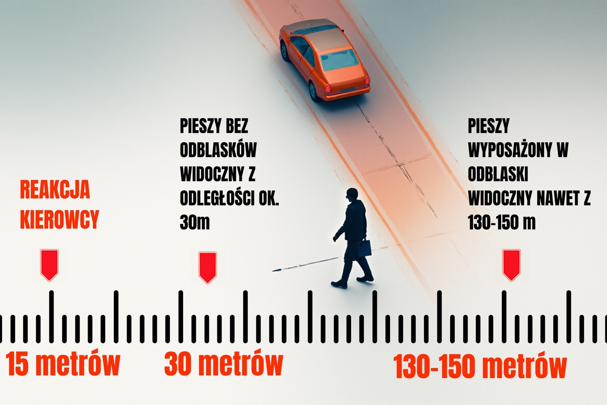 na zdjęciu odgłość z jakiej widoczny jest pieszy z odblaskami