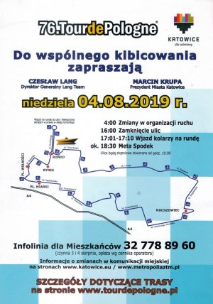 Grafika obrazuje plakat wyścigu etap w Katowicach jest na nim logo wyścigu Tour De Pologne i Urzędu Miasta Katowice