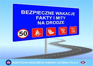 Zdjęcie kolorowe: plakat na niebieskim tle białe napisy Bezpieczne wakacje. Fakty i mity na drodze. Pod napisem znajduje się pięć obrazków przedstawiających znak ograniczenia prędkości do 50 km/h, znak przypominający o zapinaniu pasów bezpieczeństwa, znak przypominający o przewożeniu dzieci w foteliku, znak przypominający o zakazie jazdy pod wpływem alkoholu i znak przypominający o zakazie używania telefonów komórkowych bez zestawu słuchawkowego