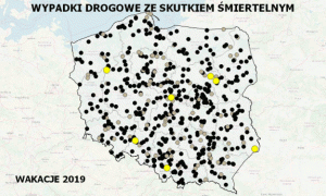 Zdjęcie kolorowe: interaktywna mapa Polski z zaznaczonymi miejscami, gdzie w letnie wakacje 2019 roku doszło do wypadku drogowego ze skutkiem śmiertelnym