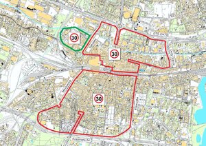 zdjęcie kolorowe: wycinek z mapy centrum Katowic z zaznaczoną Strefą Tempo 30