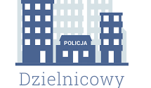 zdjęcie kolorowe: znak graficzny trzech budynków z napisem Policja, pod grafiką napis dzielnicowy