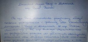 zdjęcie kolorowe: list - podziękowania dla dzielnicowych z Komisariatu II Policji w Katowicach