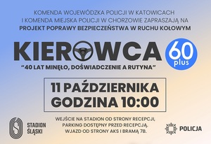 zdjęcie kolorowe: plakat promujący warsztaty "Kierowca 60 PLUS - 40 Lat Minęło - Doświadczenie, a Rutyna ...",