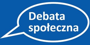 zdjęcie kolorowe: na niebieskim tle biały napis "debata społeczna"