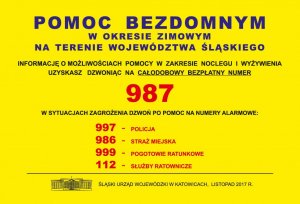 Na zdjęciu widać informację z urzędu wojewódzkiego dotyczącą bezpłatnego numeru 987 dla osób bezdomnych