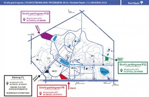 zdjęcie kolorowe: mapa z zaznaczonymi parkingami dla uczestników imprezy sylwestrowej na chorzowskim stadionie