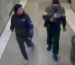 zdjęcie kolorowe: zapis z monitoringu dwóch osób - kobiety i mężczyzny, podejrzewanych o kradzież dokumentów, zegarka, telefonu i karty kredytowej w centrum Katowic.