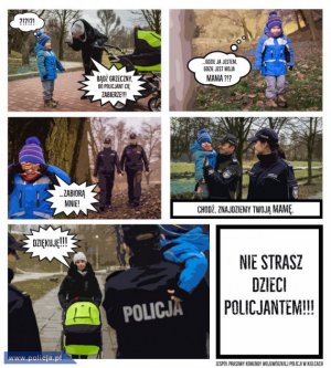 zdjęcie kolorowe: komiks przedstawiający sytuację. kiedy matka straszy dziecko policjantem