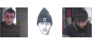 zdjęcie kolorowe: wizerunki mężczyzn i portret pamięciowy osób podejrzewanych o kradzież pieniędzy z samochodu w centrum Katowic