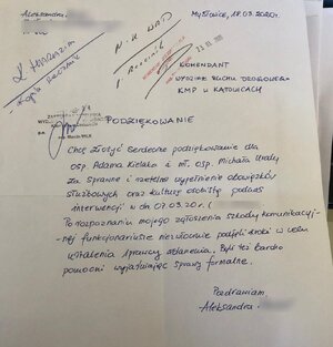 zdjęcie kolorowe: skan podziękowań dla policjantów katowickiej drogówki