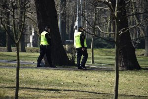 zdjęcie kolorowe: strażnicy miejscy podczas patrolu parku
