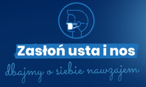 zdjęcie kolorowe: na granatowym tle biały napis: wychodzisz z domu - zasłon usta i nos