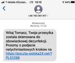zdjęcie kolorowe: treść fałszywego sms-a