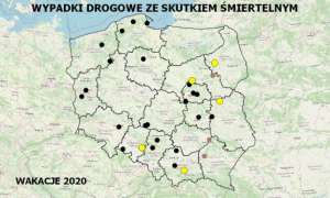 zdjęcie kolorowe: mapa Polski z naniesionymi punktami, w których doszło do śmiertelnego zdarzenia drogowego