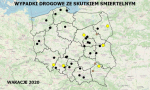 zdjęcie kolorowe: mapa Polski z naniesionymi punktami, gdzie doszło do śmiertelnego wypadku drogowego