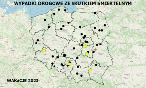 zdjęcie kolorowe: mapa Polski z naniesionymi punktami, gdzie doszło do śmiertelnego zdarzenia drogowego