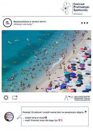 zdjęcie kolorowe: morze, plaża i wypoczywający na niej ludzie i napis: Bezpieczeństwo w okresie letnim. Wakacje nad wodą