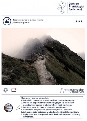 zdjęcie kolorowe: szlak turystyczny w górach i napis: Bezpieczeństwo w okresie letnim. Wakacje w górach