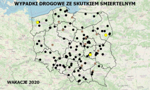 zdjęcie kolorowe: mapa Polski z zaznaczonymi punktami, gdzie doszło w ciągu letnich wakacji do zdarzeń drogowych ze skutkiem śmiertelnym