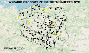 zdjęcie kolorowe: mapa Polski z zaznaczonymi miejscami, gdzie w wakacje letnie 2020 roku doszło do wypadków drogowych ze skutkiem śmiertelnym