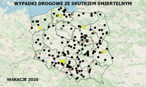 zdjęcie kolorowe: mapa Polski z zaznaczonymi miejscami gdzie doszło do wypadku drogowego ze skutkiem śmiertelnym