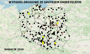 zdjęcie kolorowe: mapa Polski z zaznaczonymi miejscami, gdzie doszło do zdarzenia drogowego ze skutkiem śmiertelnym podczas letnich wakacji 2020