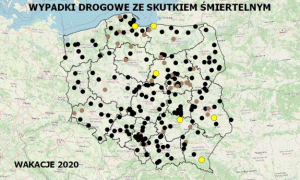 zdjęcie kolorowe: mapa Polski z naniesionymi punktami w miejscach, gdzie doszło do wypadku drogowego ze skutkiem śmiertelnym